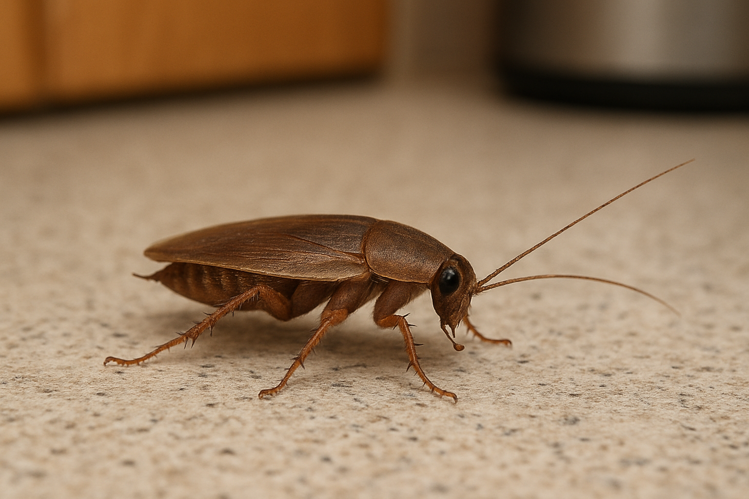 Close-up of German cockroach on kitchen counter